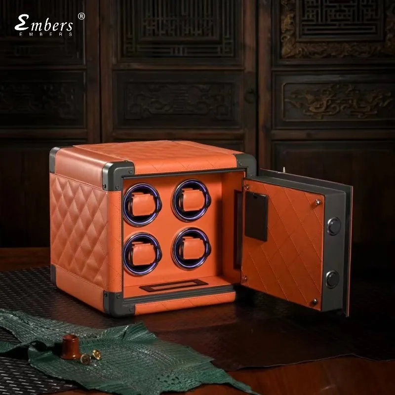 Embers 2023 Luxury Leather Mini Watch Winder Safe Box Orange Black Watch Storage Box 4 Slots Touch Screen With Atmosphere Lamp