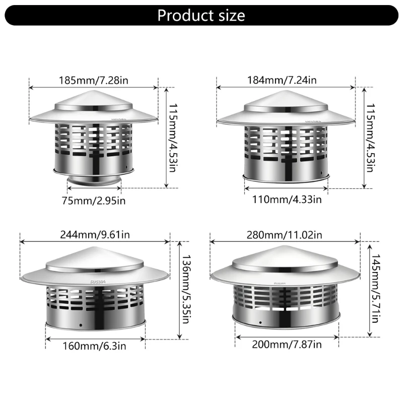 Mũ ống khói tròn Lò sưởi bằng thép không gỉ Nắp thông hơi Nắp ống khói có màn hình
