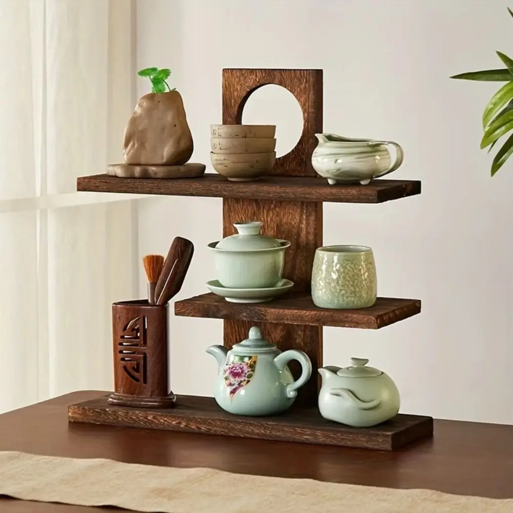 3-4 Layers Chinese Style Storage Holders Retro Design Solid Wood Wooden Tea Set Rack Tea Set Multi-Layer Tea Cup Display Shelf