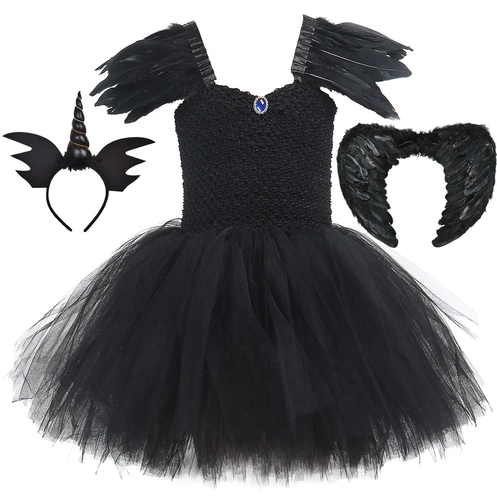 Black Dark Fallen Angel and White Guardian Angel Costume for Girls Kids Christmas Halloween Party Fancy Tutu Dress Up with Wings