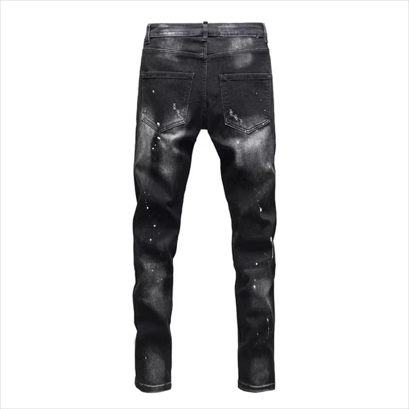Vintage Washed Distressed Denim Jeans Men Paint Splatter Ripped Slim Fit Biker Trousers Street Style Hip Hop Pants for Guys - view 3