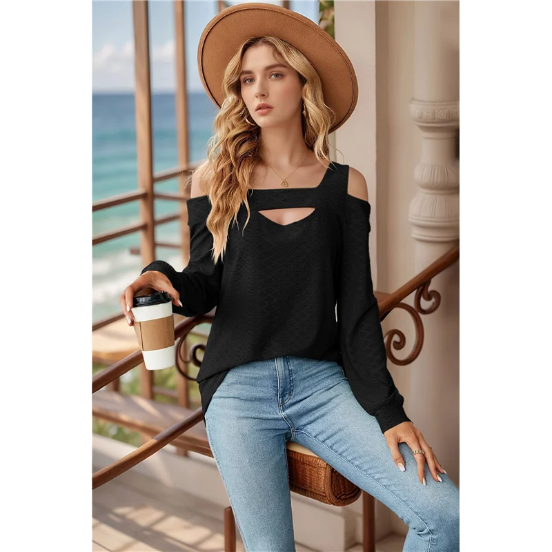 تي شيرت نسائي صيفي برقبة مربعة وأكتاف باردة وأكمام قصيرة وبلوزات بلون سادة