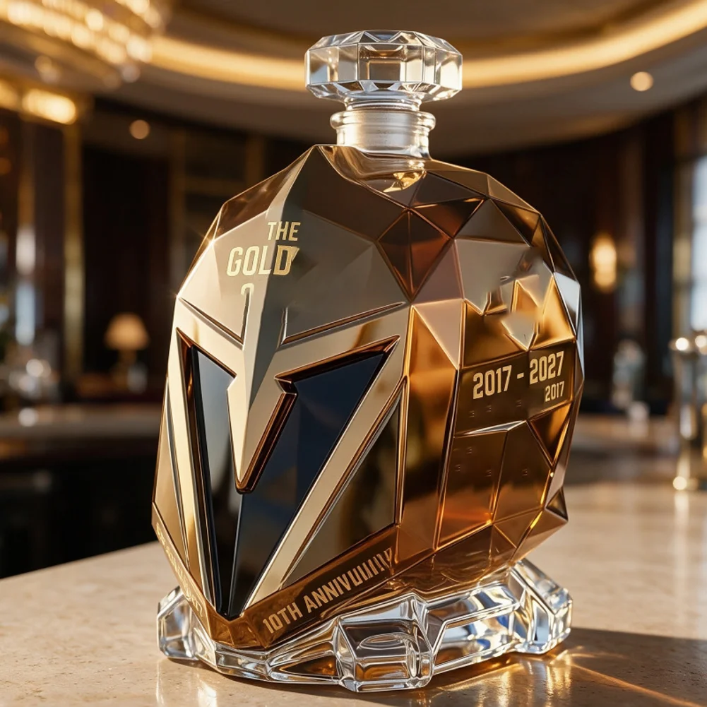 Faceted Golden Whiskey Decanter Engraved Empty Liquor Bottle Crystal Glass Wine Decanter for Home Bar Decor Anniversary Gift