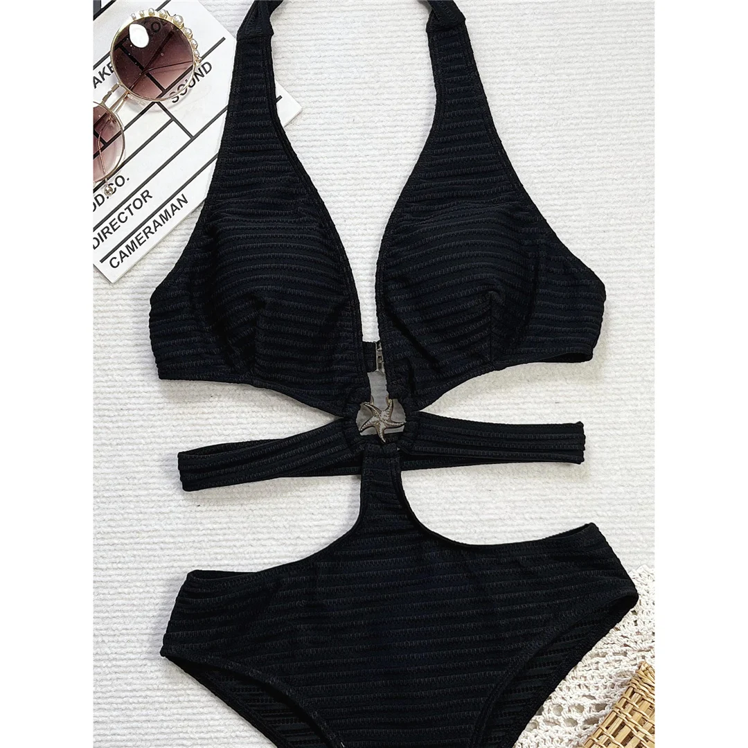 V-Ausschnitt, Cut-Out-Design, Neckholder, gerippter Damen-Badeanzug, einteiliger Badeanzug, Damen-Monokini, hoch geschnitten, gepolstert, Badebekleidung, Badeanzug, Modell V6372. – Detail 11