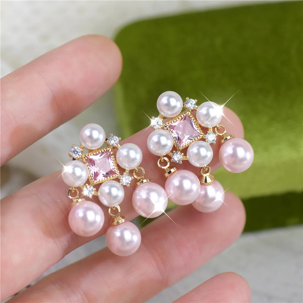 French Luxury Vintage Lolita Exquisite Pearl Powder Zircon Earrings Versatile Retro Literary Earrings Banquet Party Accessories