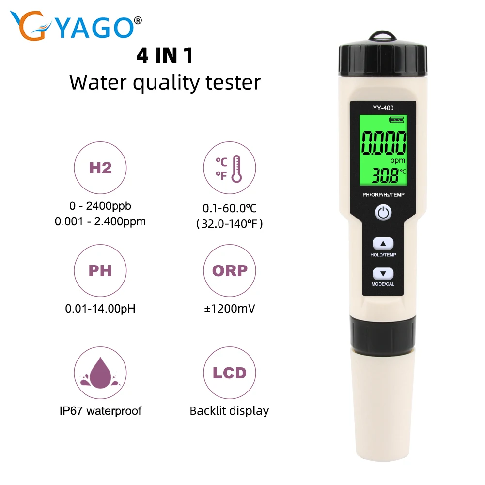 YY-400 Digital Hydrogen Ion Concentration Meter Water Quality Tester 4 in 1 PH/ORP/H2 Meter Thermometer for Drinking Water