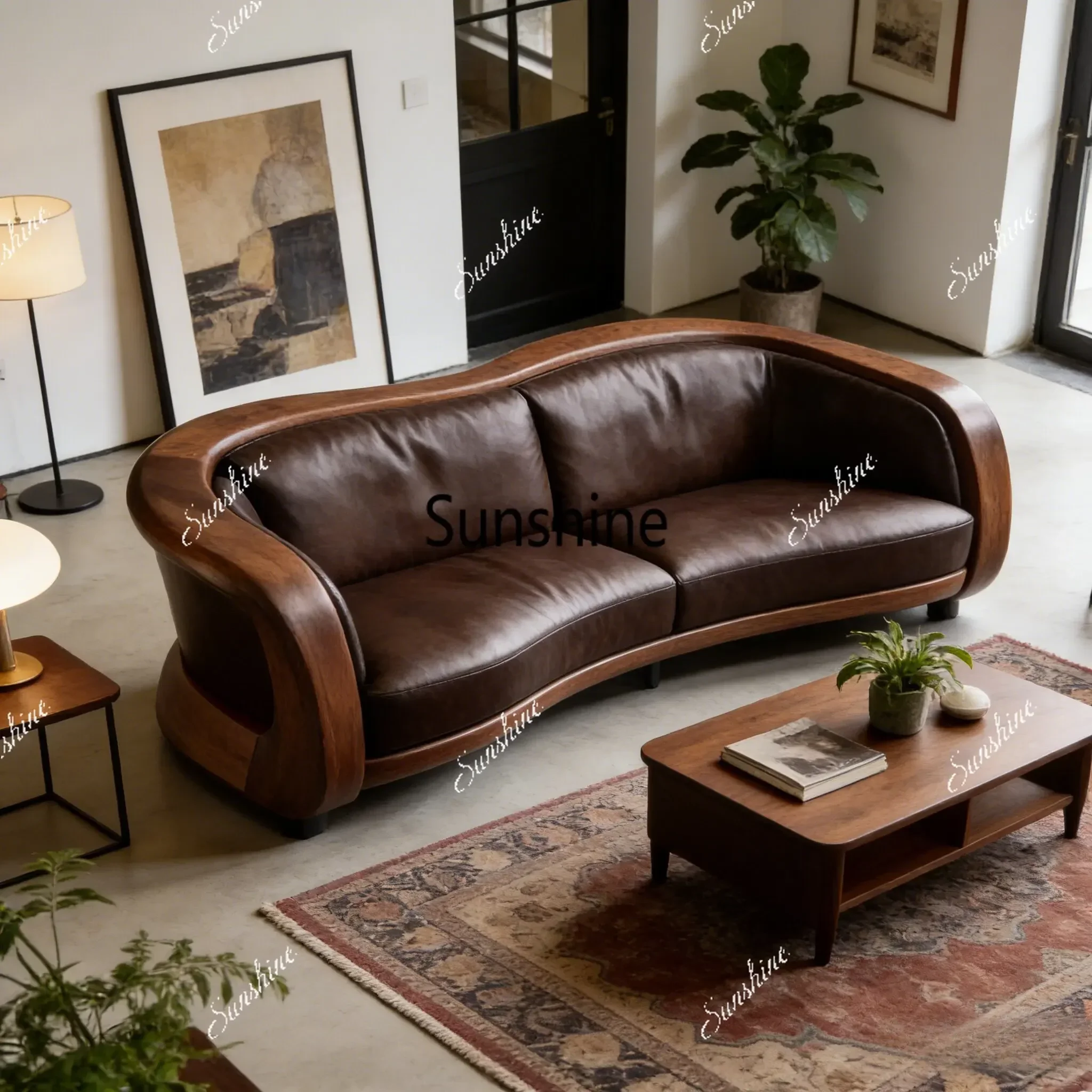 F New Chinese-style solid wood modern simple villa living room high-end new straight row three-person sofa