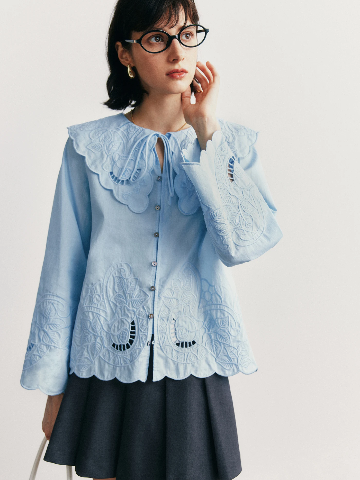 

London Fog Rain Heavyweight Embroidered Long Sve Loose irt French Sle Cotton Breathable Thin oulder Sve Ciwalk Top