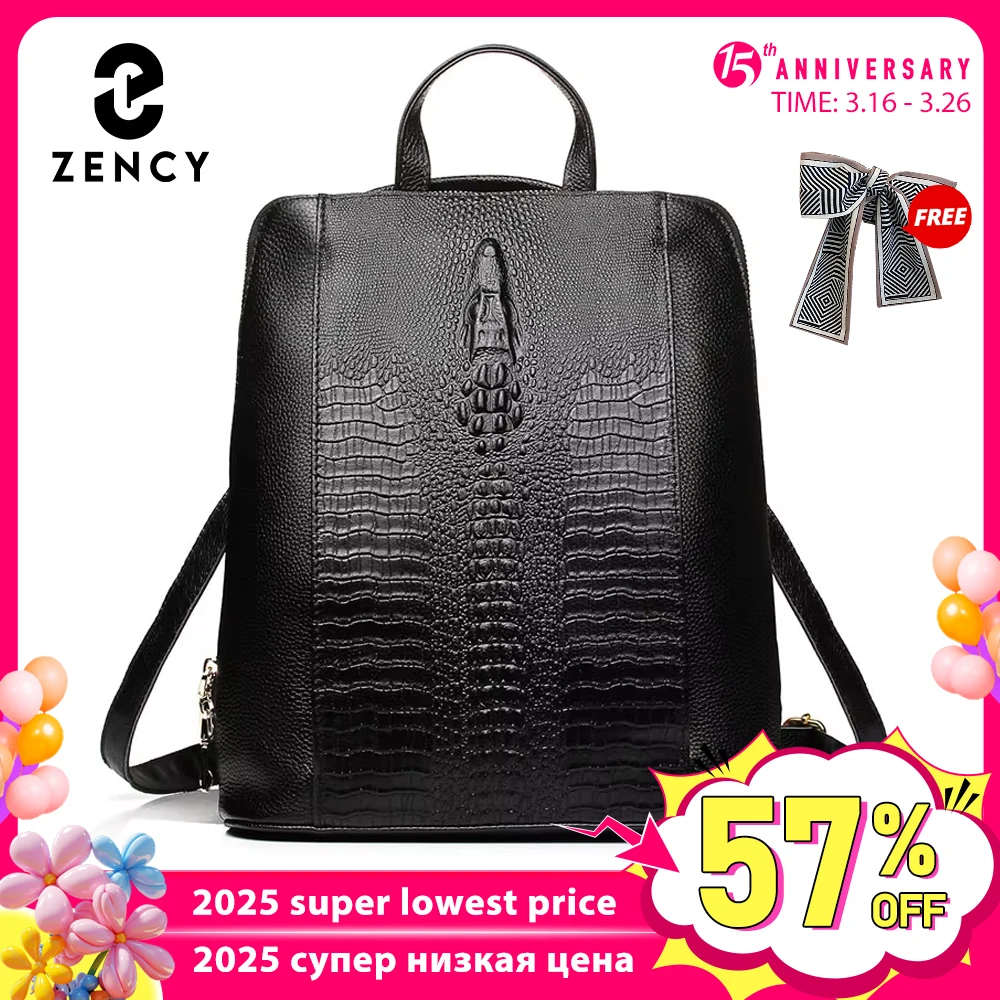 Zency Women's Crocodile Leather Backpack 100% Genuine Natural Travel Work School Bag with Notebook Compartment Laptop Carry-on