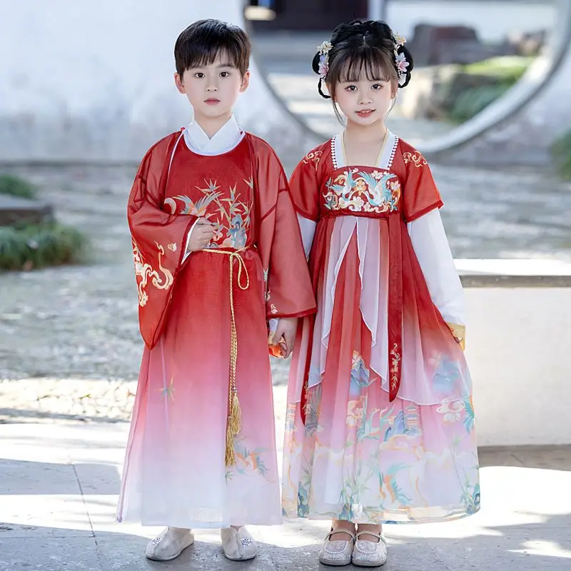 Hanfu เสื้อผ้าประจำวันของนักเรียนชั้นประถมศึกษาปีที่เก่าแก่ปักลายสไตล์จีนโบราณแบบอมตะสุดๆสำหรับฤดูร้อน