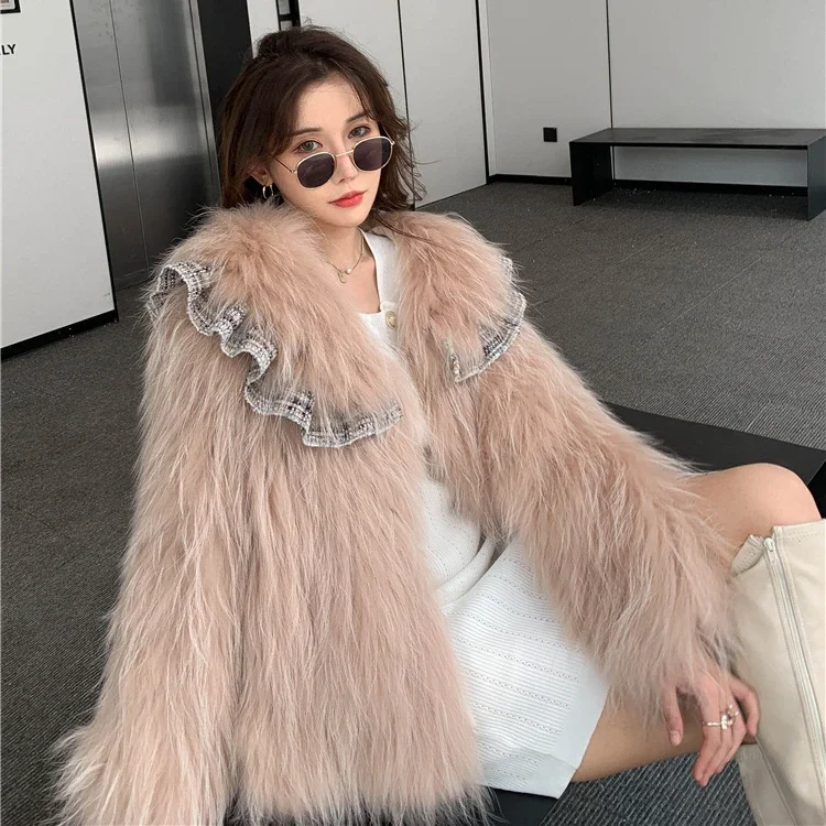Manteau Tissé en Fourrure de Raton Laveur pour Femme, Style Lolita, Optique, Vestes Chaudes, Manches sulf, Revers Court, Vêtements d\'Hiver