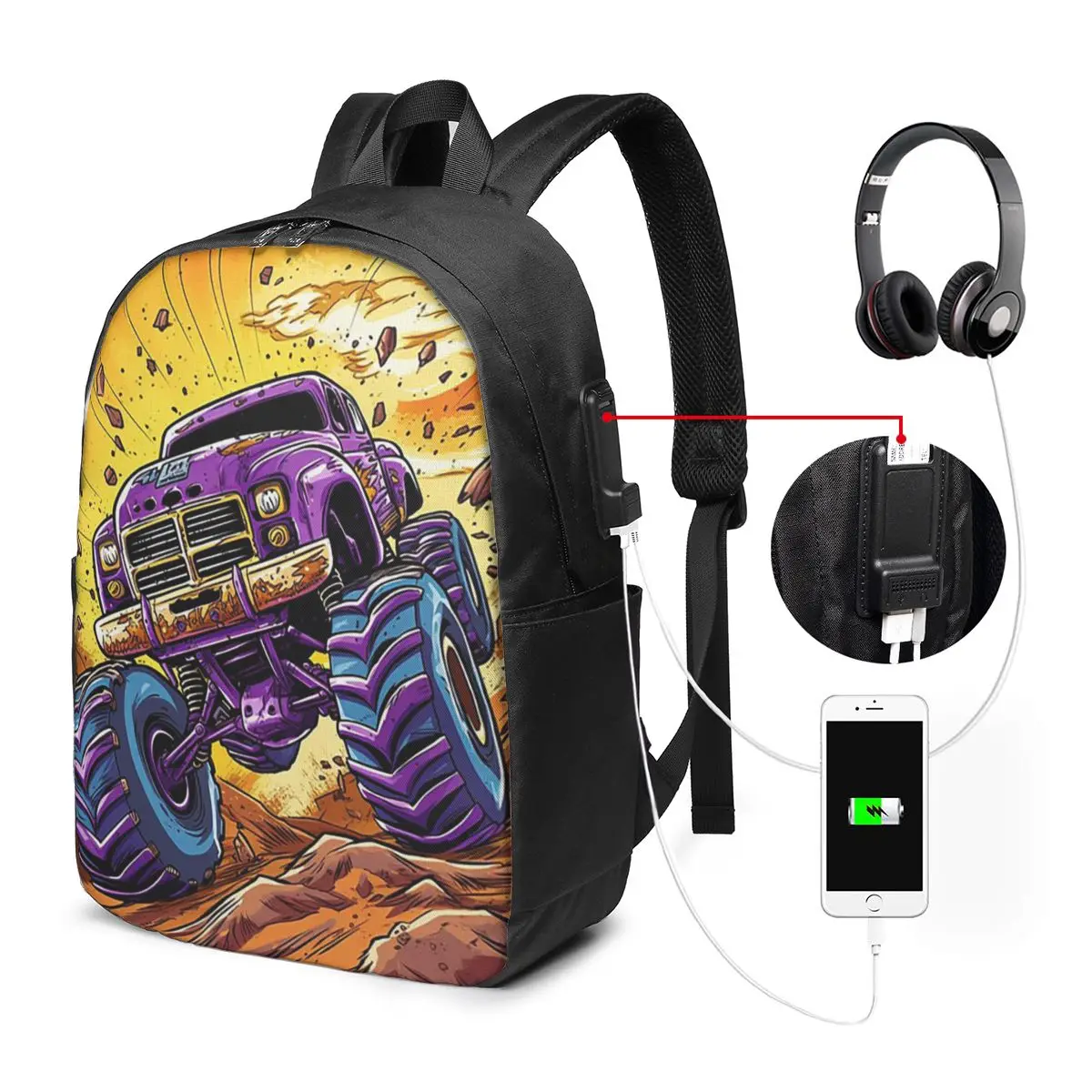 Cartoon Monster Truck In The Mountain Backpack Travel Notebook Bag Computer College Student School Bag Laptop Shoulder Bags