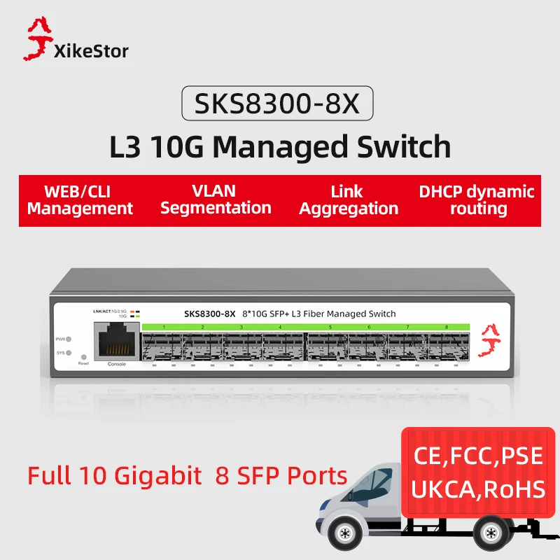 

XikeStor 8 Port 10G SFP+ L3 Managed Fanless for Port Aggregation VLAN Division WEB/CLI Management DHCP Dynamic Routing