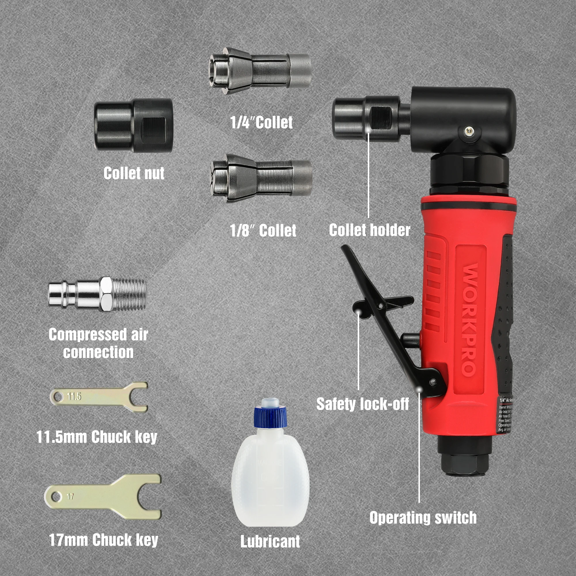 WORKPRO Air Angle Die Grinder 1/4\'\' Pneumatic Right Pneumatic Angle Grinder Air-Powered 90 Degree for Grinding Cutting Polishing