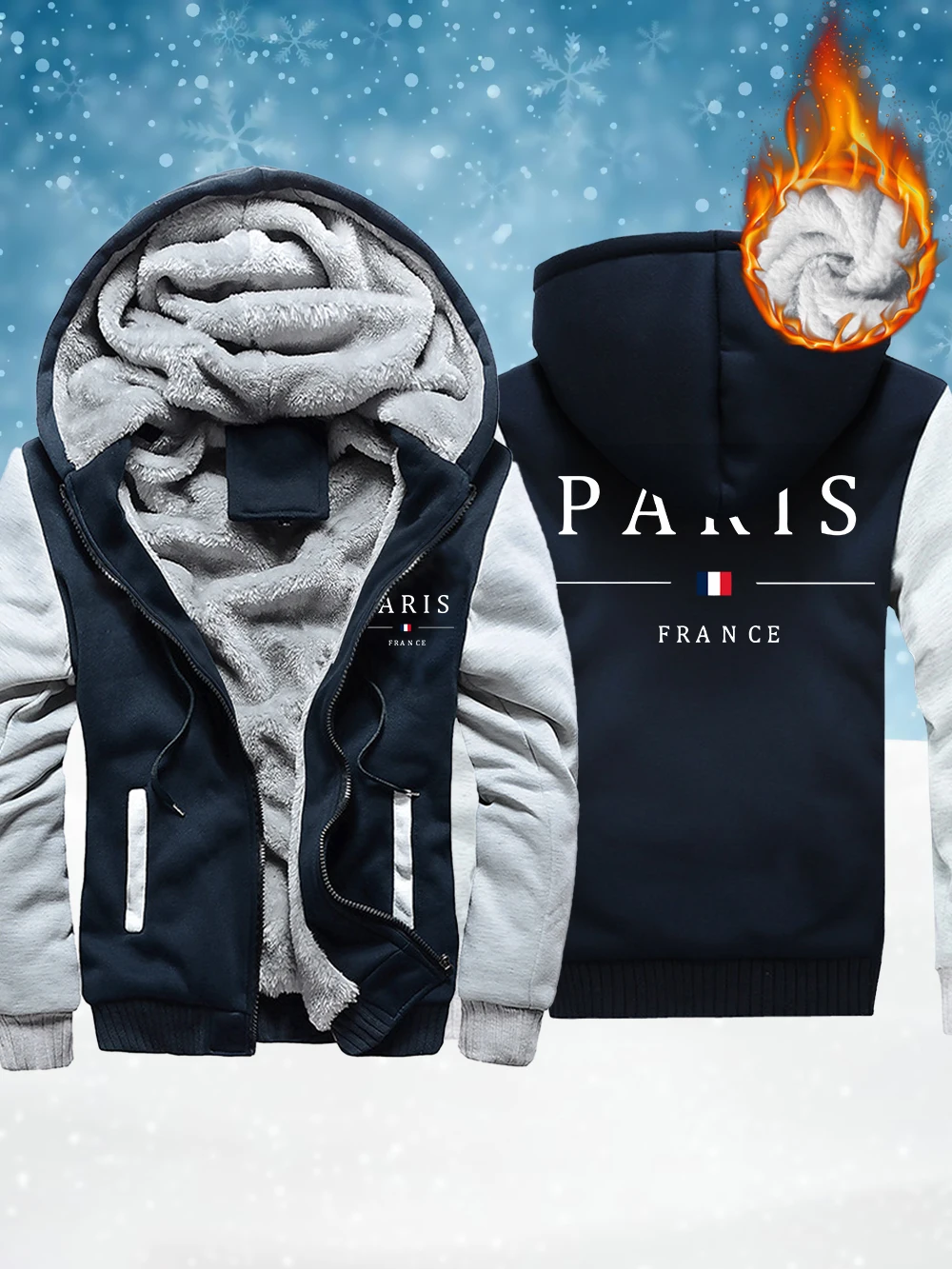 

Paris France Flag Printed Men Thicken Jackets Winter Windproof Zipper Outerwear Thermal Fleece Warm Coats Casual Male Clothes