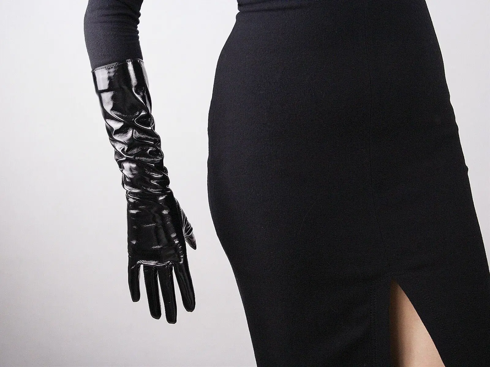 Latex Wet Look Gloves Women's Shine Black Elbow Long Faux Patent Leather PU Glove for Evening Fashion Dressing Halloween Cosplay