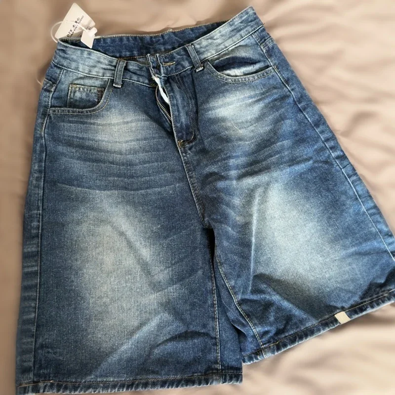Retro Blue Denim Shorts Loose For Women  Fashion Casual Summer Knee Length Short Wide Leg Pants Baggy Jeans Jorts Teen Student