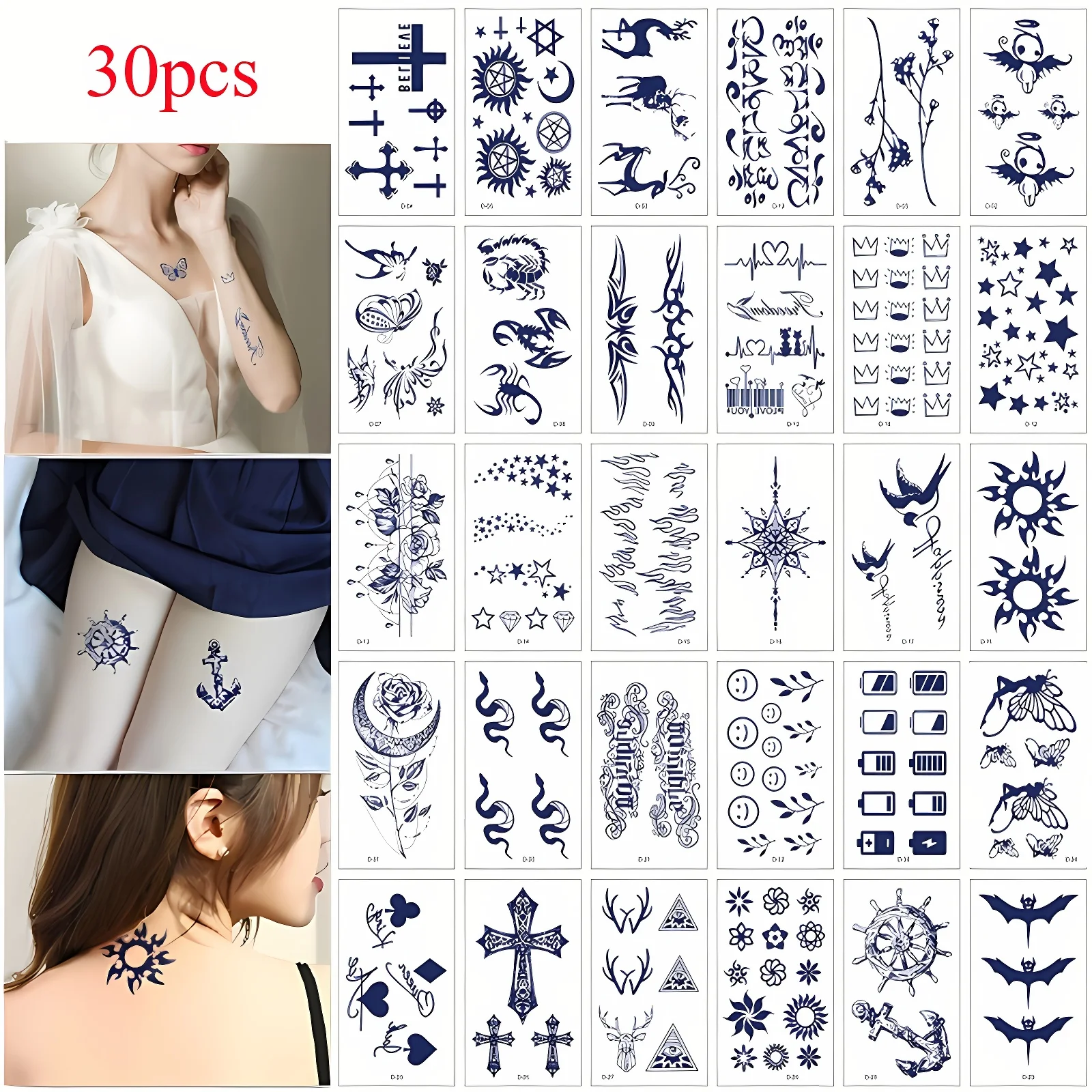 30pcs/lot Fake Herbal Juice Tattoo Sticker for Women Men Battery Display Elf Totem Elk Rose Snake Small Semi-Permanent Tattoo