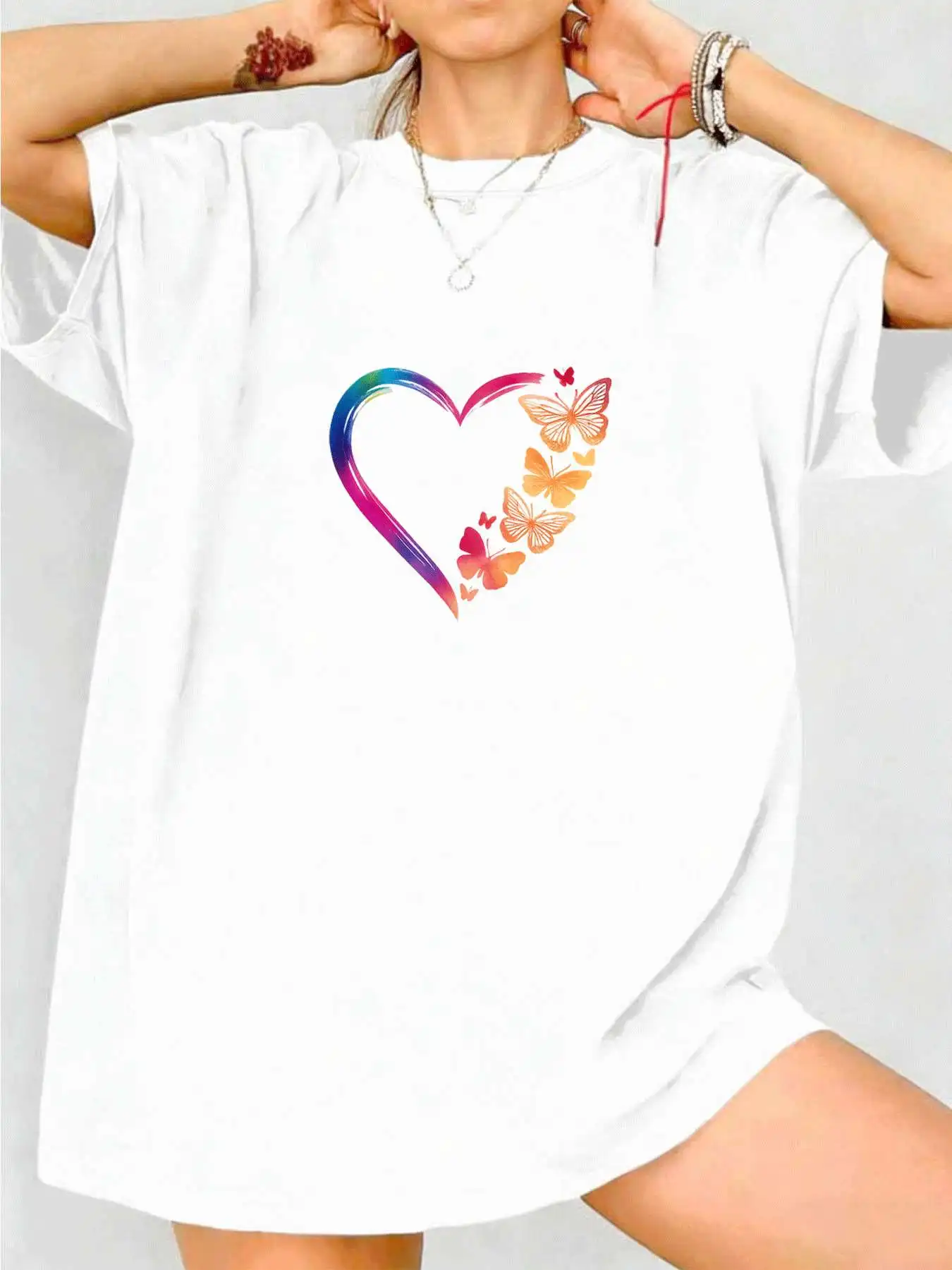 【WY343148】T-shirt da donna girocollo con motivo cartoon, maniche corte, maglietta elastica a mezza manica stampata alla moda