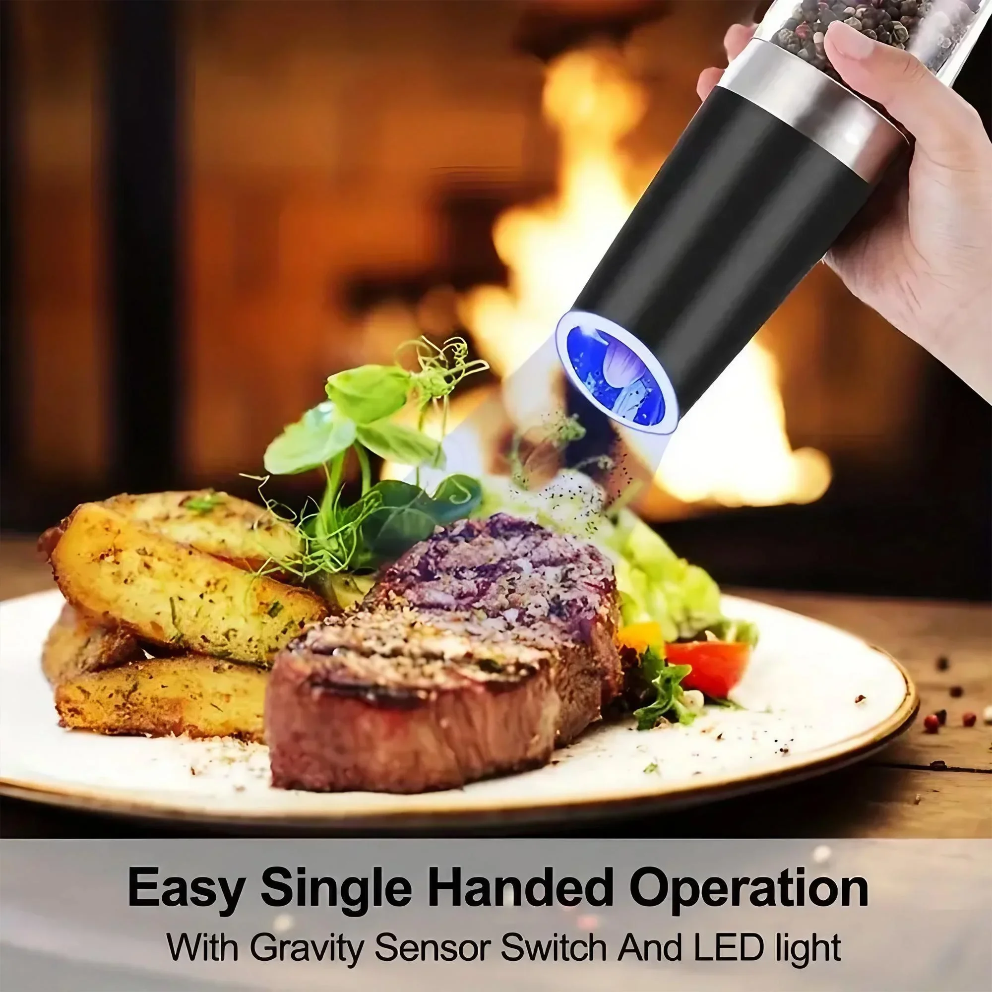 Electric Salt and Pepper Grinder, Battery Powered Gravity Spice Mill with Adjustable Grinding Coarseness and LED Light, Automatic One Hand Operation for Kitchen Dining BBQ Cooking, Fresh Seasoning Tool for Salt Pepper and Dry Spices, Compact Design