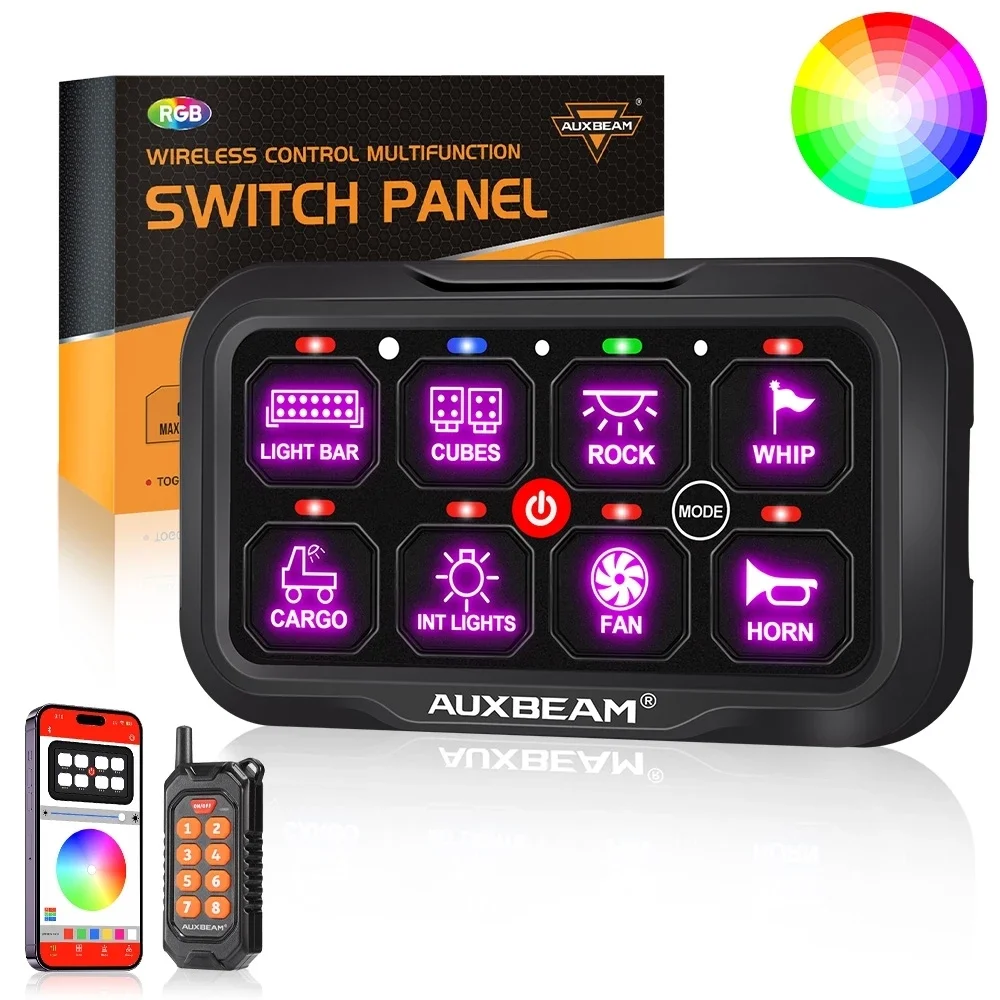 AUXBEAM AC-800 8 Gangs LED Light Switch Panel RGB Backlight bluetooth APP & Remote Control Electronic On-Off Power Relay System