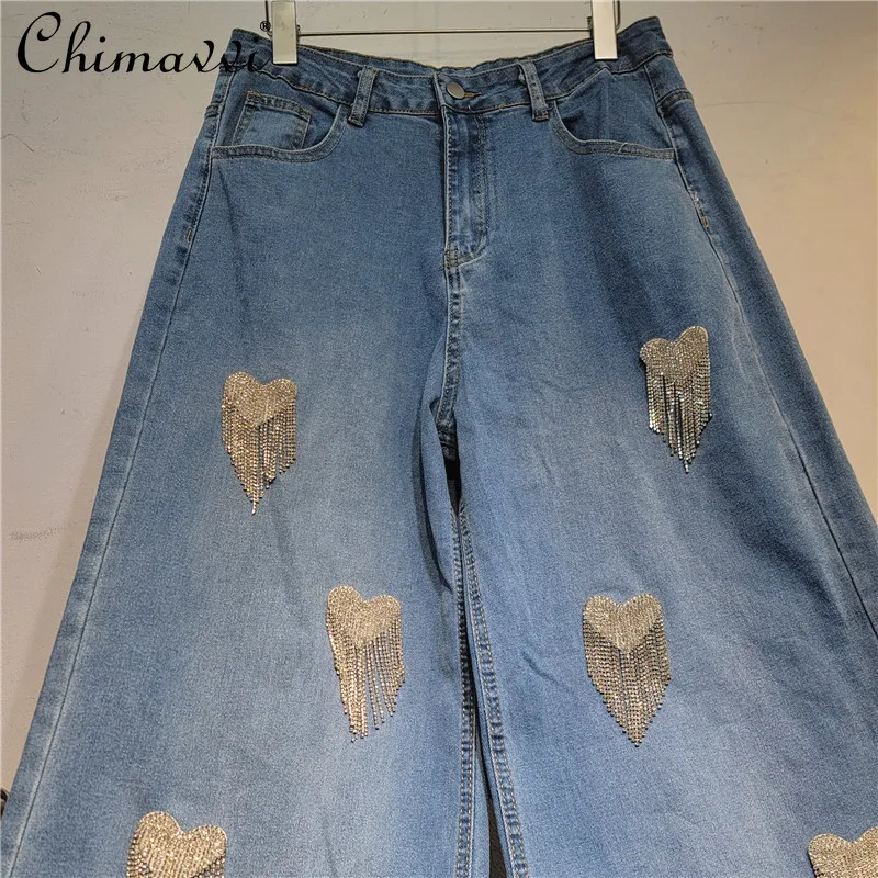 패션 핫 다이아몬드 프린지 와이드 레그 진 여성 2025 여름 신상 하이 스트릿 스트레이트 팬츠 큰 사이즈 여성 데님 팬츠