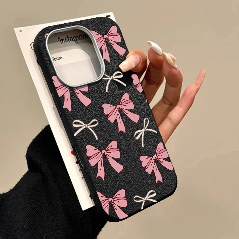 

Розовый чехол для телефона с бантом для iPhone 16 15 Pro 14 13 12 Pro Max 14 15 Plus 11, противоударный кожаный текстурированный мягкий силиконовый чехол из ТПУ