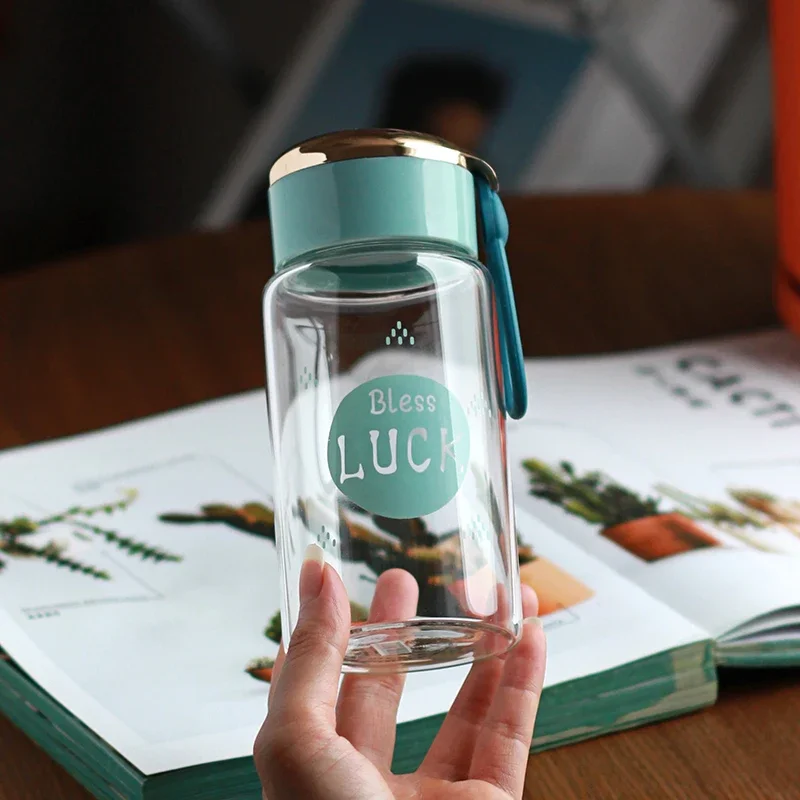 300ml Lucky Letter Glass Mini Simple Fresh Lovely Water Bottle with Cover Rope Small Capacity Portable Heat Resistant Coffee Cup