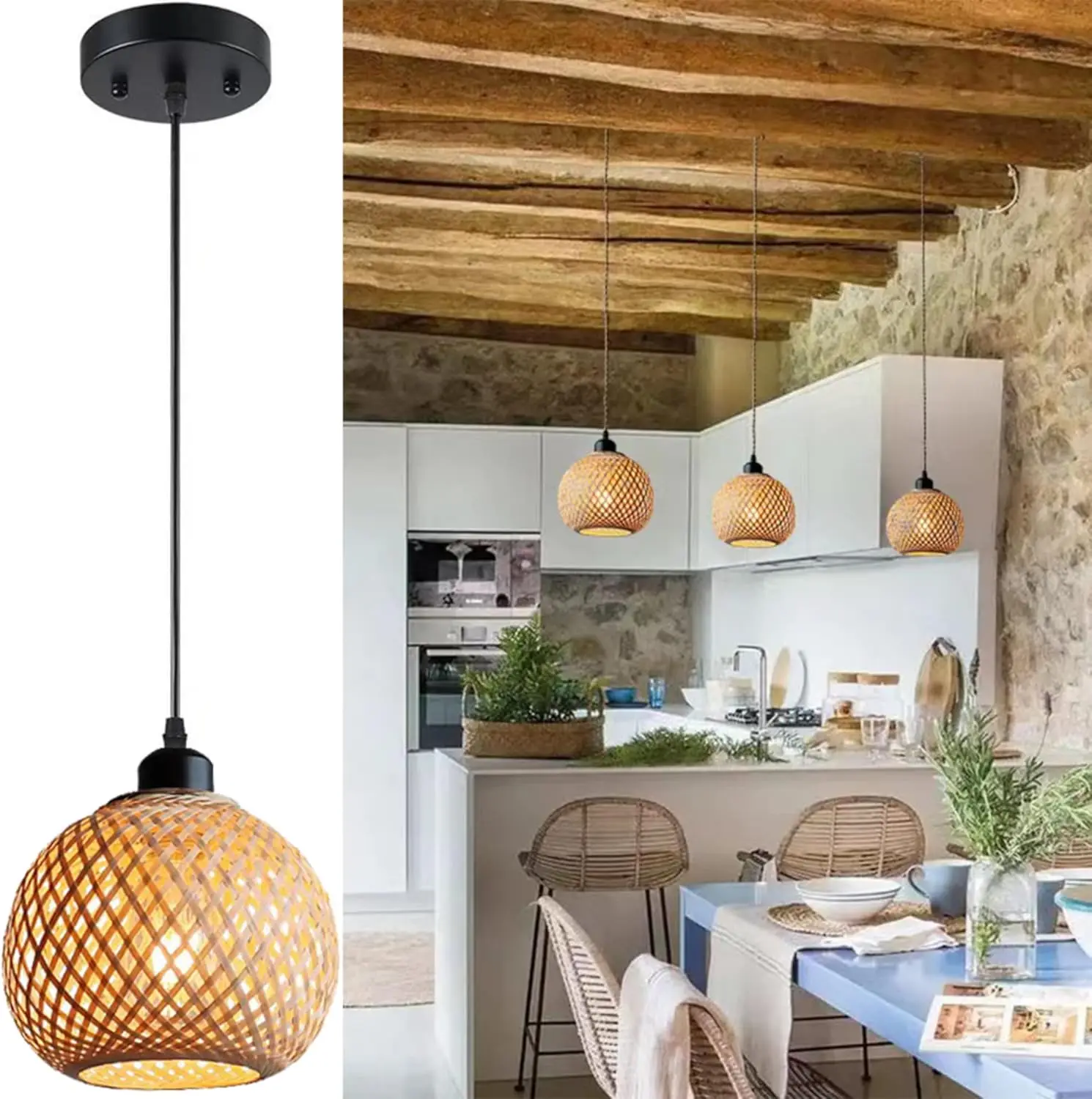 

Bamboo Pendant Light Handmade Wicker Ceiling Lamp Rustic Hanging Light Fixture Boho Dining Room Lighting Natural Home Decor