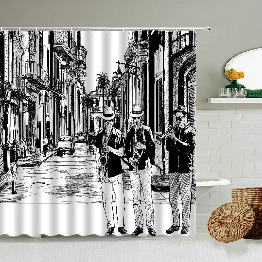 Jazz Music Theme Shower Curtain New York City Architecture Old Street Scenery Bathroom Decoration With Hook Waterproof Screen