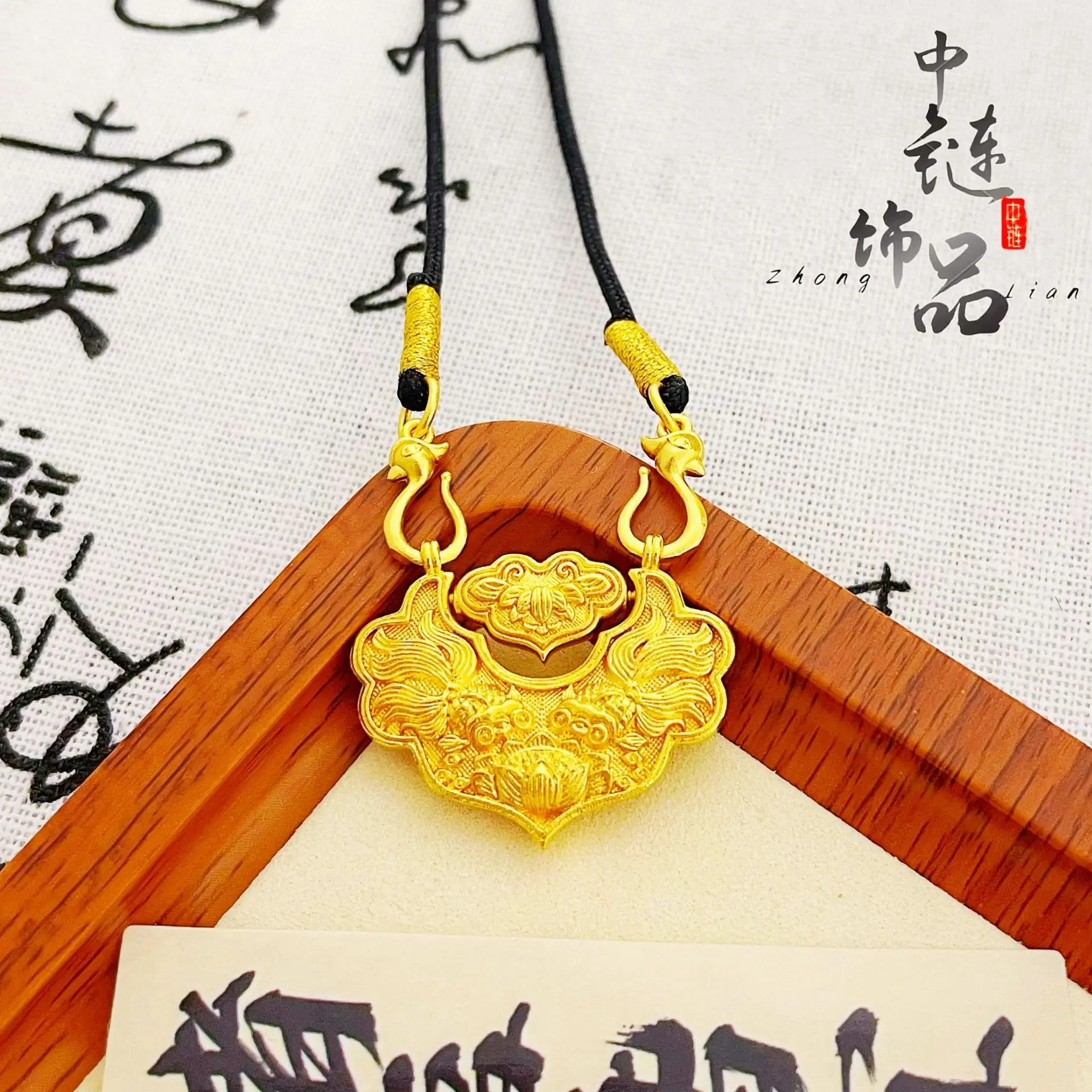 9999 gold double fish koi lock bag pendant for women, lotus flower koi fish pendant, DIY accessory