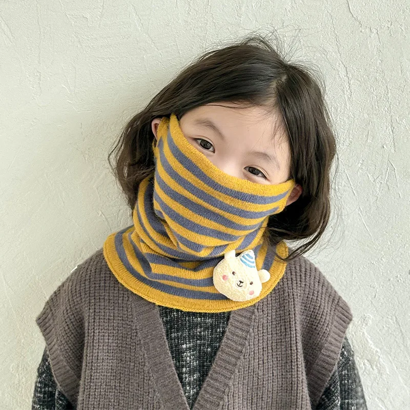 Korean Kids Scarf Simple Striped Hook Ear Face Mask for Girl Baby Cute Cartoon Warm Knitted Scarves Children Outdoor Accessories