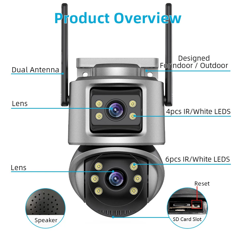 6MP iCsee APP  Dual Lens Full Color Wireless PTZ Alarm  IP Dome Camera  AI Humanoid Detection Home Security CCTV Baby Monitor