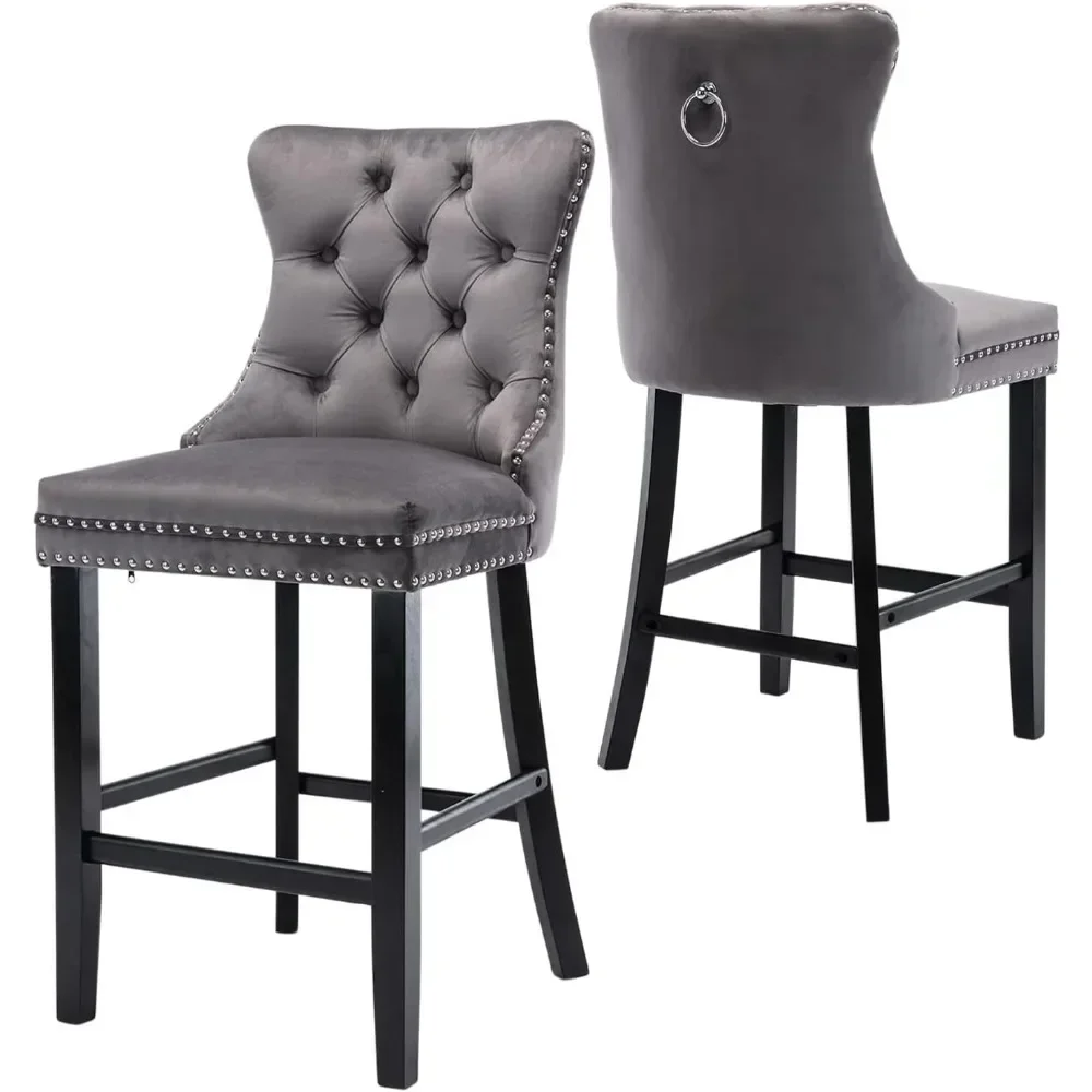 Velvet Bar Chair Set of 2, 27"Counter Height Barstool with Button Decor Nailhead Trim, Solid Wood Leg and Upholstered,Grey