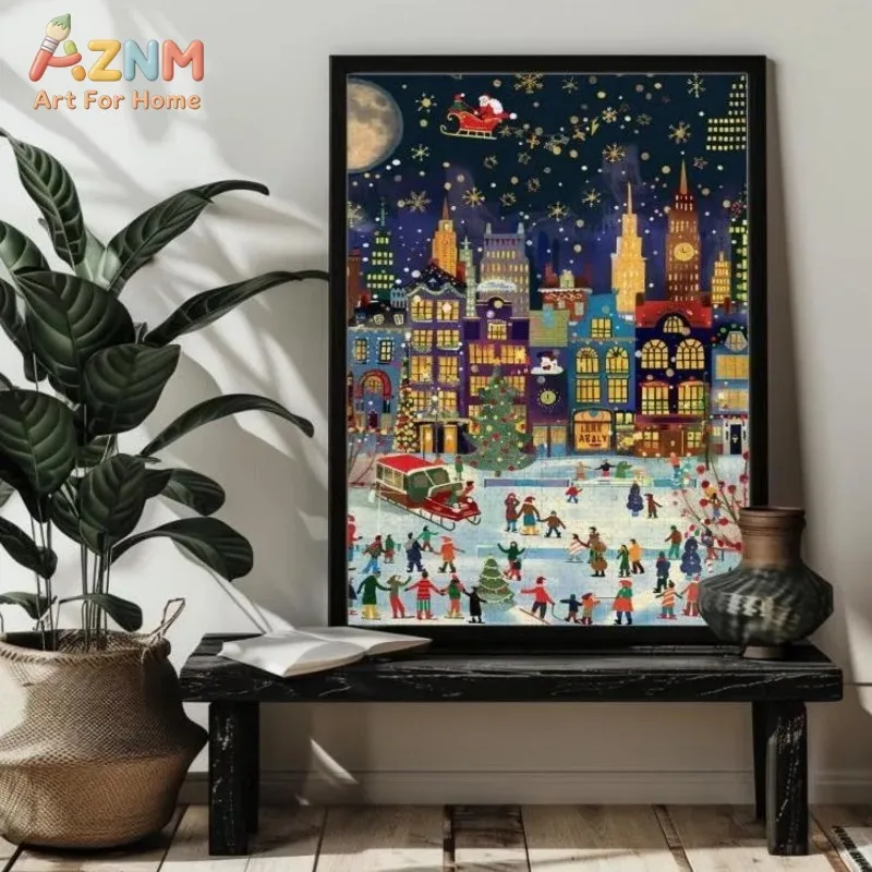 Unframed Canvas Wall Art Folk Style Christmas City Street Print Vibrant Winter Town Night Scene Poster for Xmas Home Wall Decor