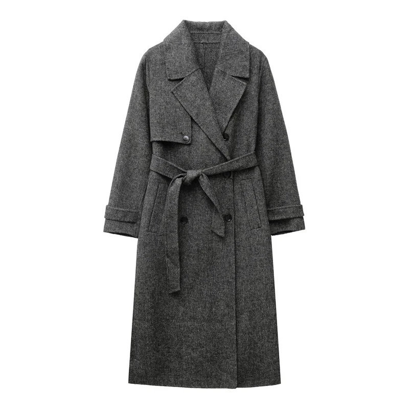 

ZVRI 2025 new women's wool blend lapel with belt double breasted wool coat coat wool trench coat coat