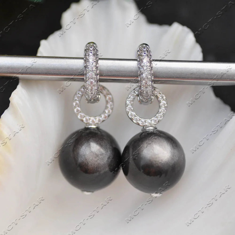 

Z14342 A+ 16 мм Черные круглые расклешенные серьги с драгоценным камнем из обсидиана, висячие серьги CZ