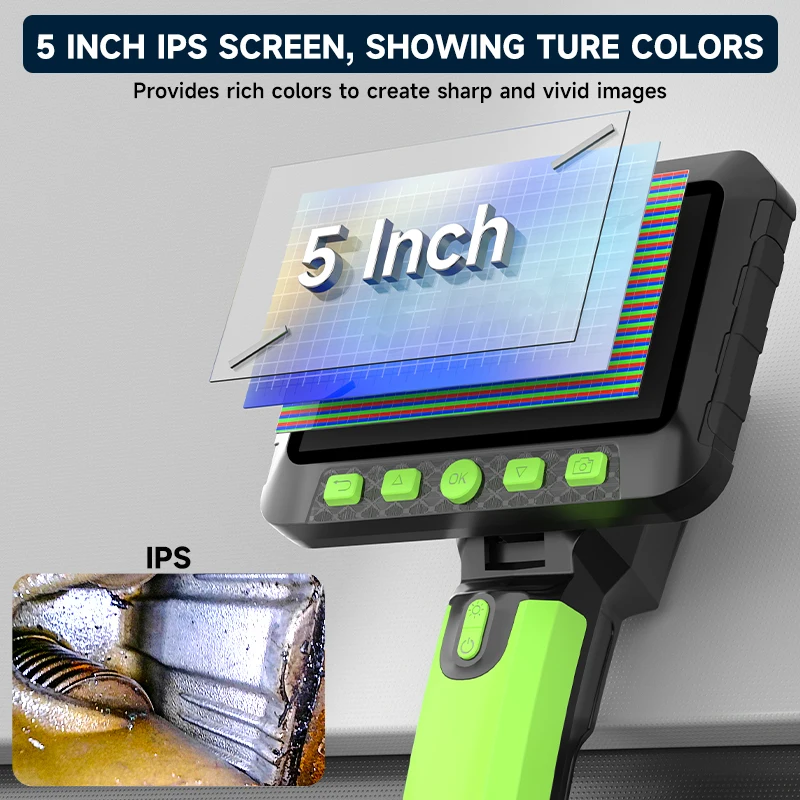 360 Degree Rotate Endoscope 5-inch IPS Screen IP67 Borescope 9.5mm 1080P HD Inspection Camera Detachabe Design for Piping Car