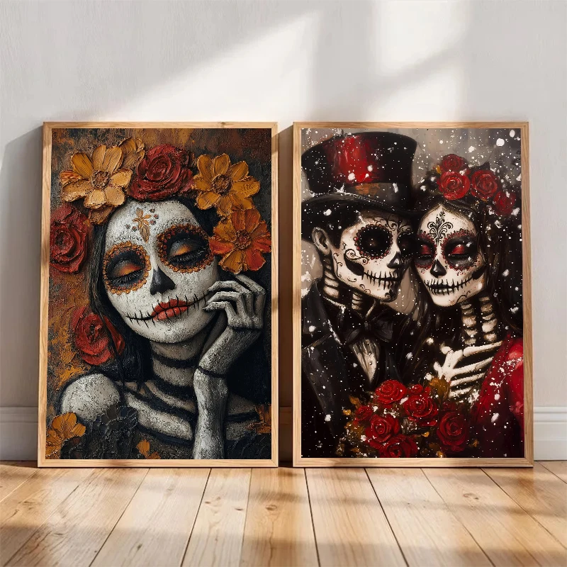 Day of Dead Dia De Muertos, Skeleton Couple Art Poster Mexican Canvas Painting Print Wall for Living Room Home Decor