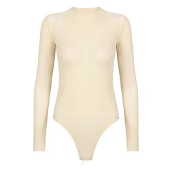 Womens Girls Fashion See-through Long Sleeve Bodysuit Lingerie Nightwear Crew Neck High Cut Leotard for Dating Nightclub Teddies