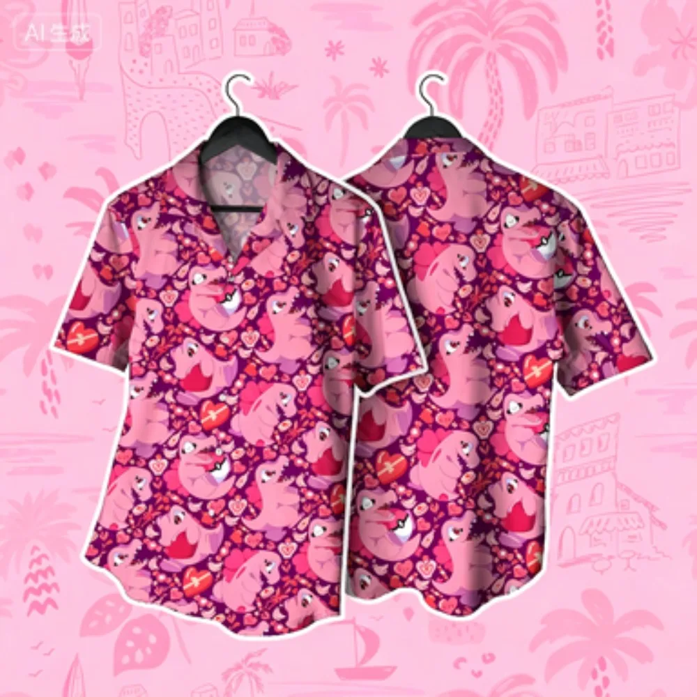 NEW 2026 Warm Orange Flower Cartoon Kati Dog Printed Short Sleeved Shirt Japanese Healing Wind Beach Couple Loose Casual Shirt