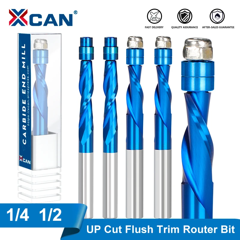 XCAN Router Bit Two Flute Flush Trim Wood Milling Cutter UP Cut Mill with Bearing 1/4 1/2 Shank Spiral End Mill