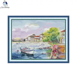 Joy Sunday Seafront Landscape Printed Canvas 11CT 16CT Cross Stitch Complete Kit DIY Embroidery DMC Threads Painting Handicraft