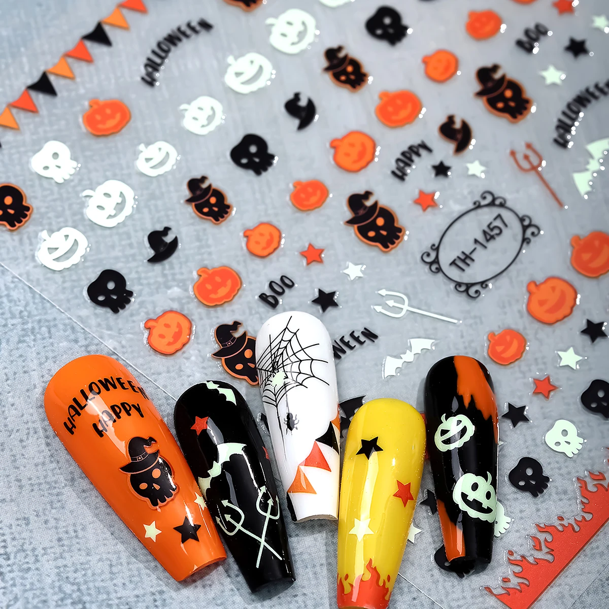 

3D Luminous Halloween Nail Stickers Self-adhesive Pumpkin Skull Black Cat Ghost Bat Nail Art Decal DIY Decoration Accessories