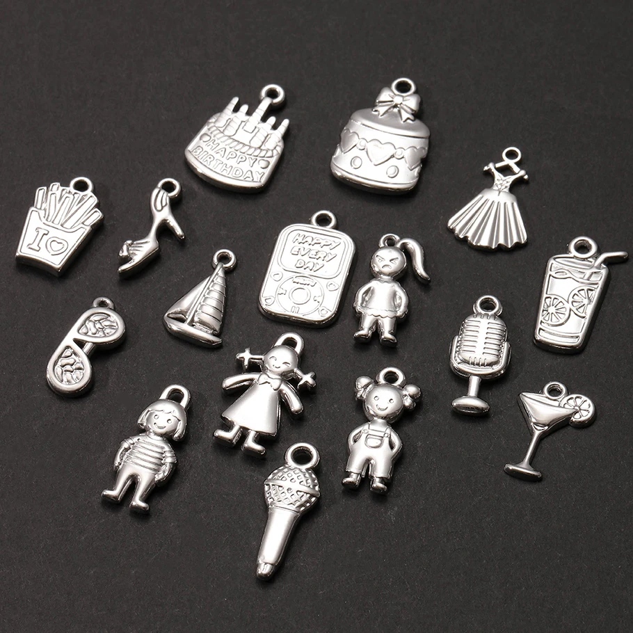 10pcs/Bag Vintage Invariant Color Birthday Cake Princess Dress Good Friend Party Pendant Drink Snacks Stainless Steel Pendants