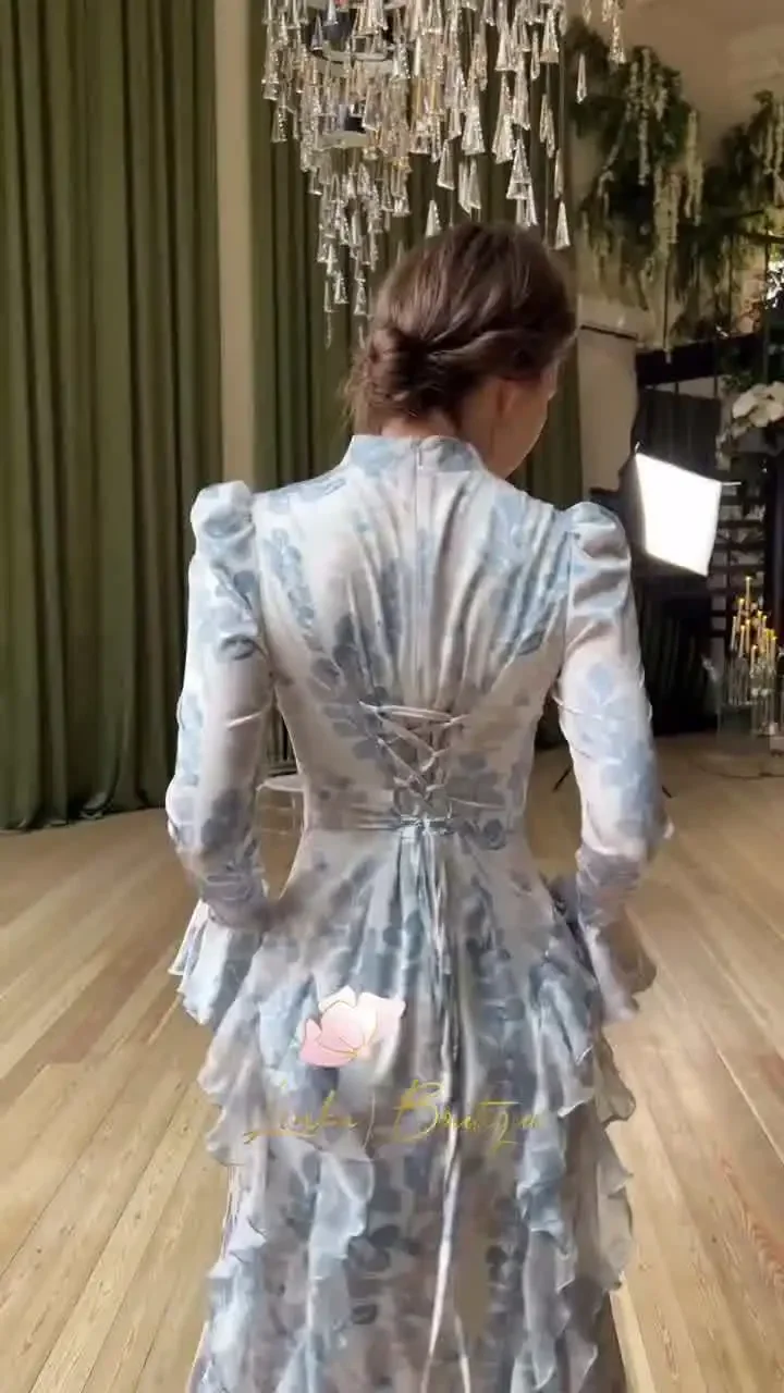 فستان ربيعي لطيف بقصة ضيقة وأربطة من الساتان المطبوع بأكمام طويلة فستان طويل للنساء فستان سهرة أنيق فستان ضيق