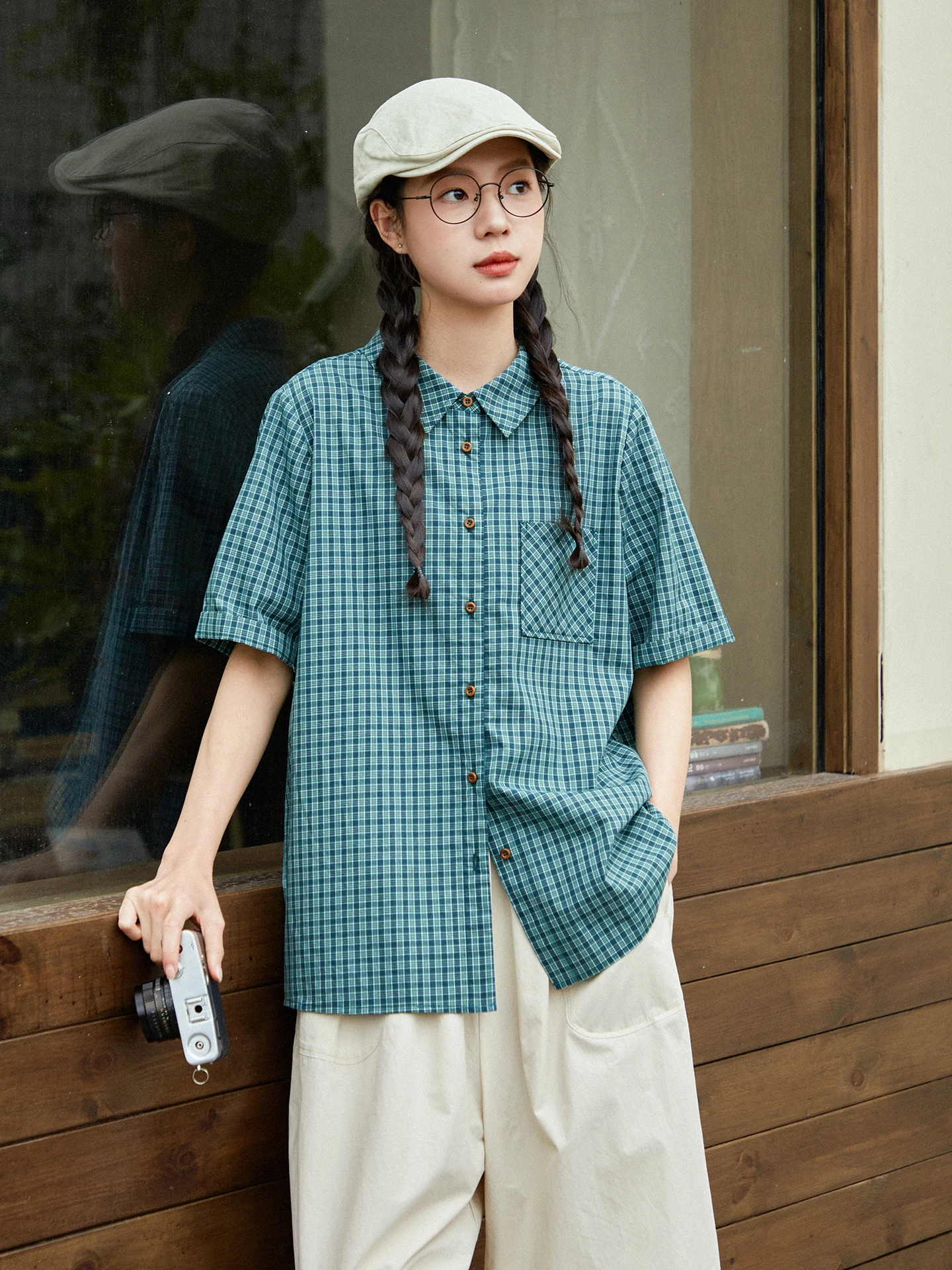 

Original Commuter Casual Plaid Shirt Women Summer Loose Collar Short Sleeve Versatile Top Breathable Skin-Friendly Chinese Made