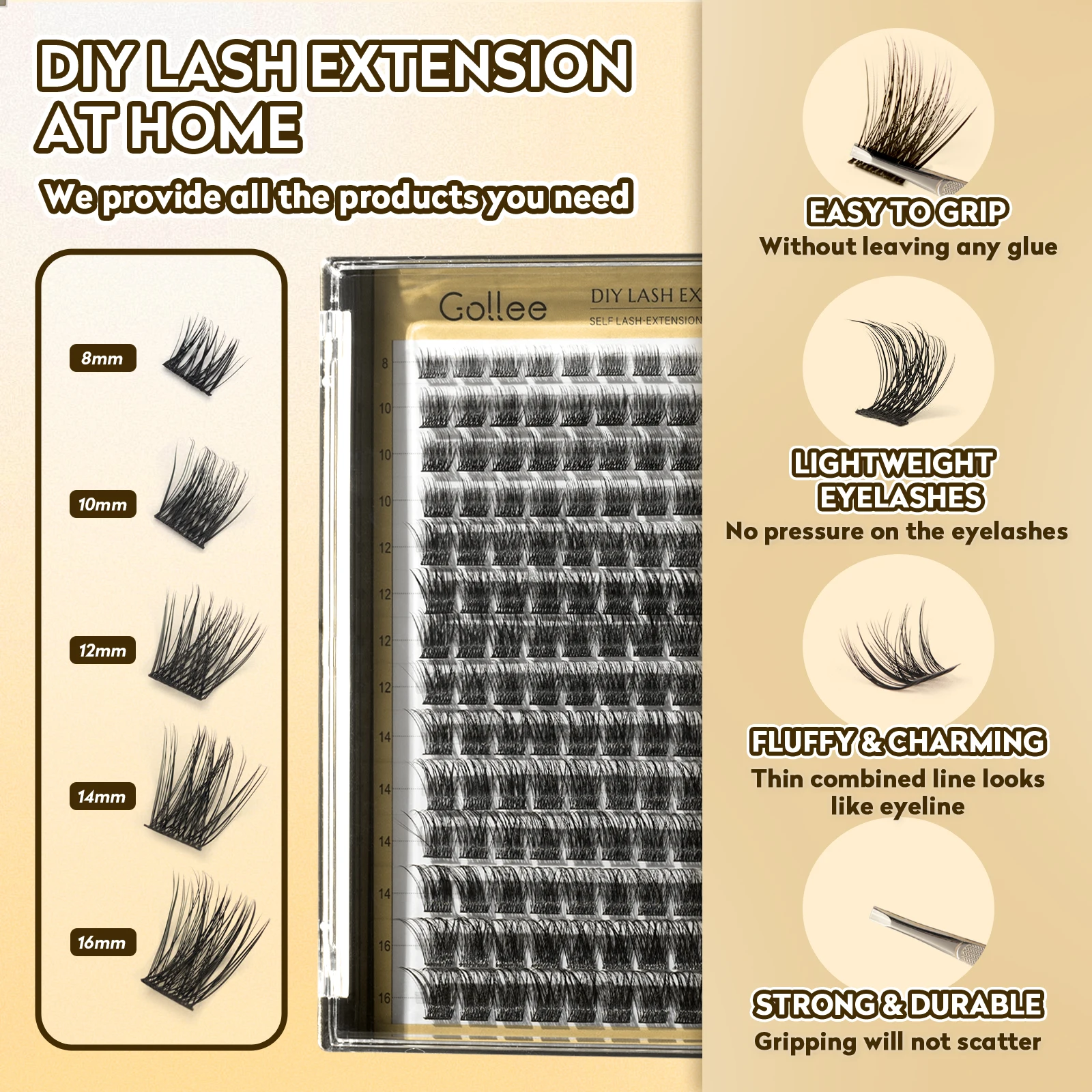 Gollee Lash DIY Cluster 168pcs 2 in1 Bond&Seal Cluster Lashes with Tweezer Remover Super Soft Premade Fan Lashes Makeup tools