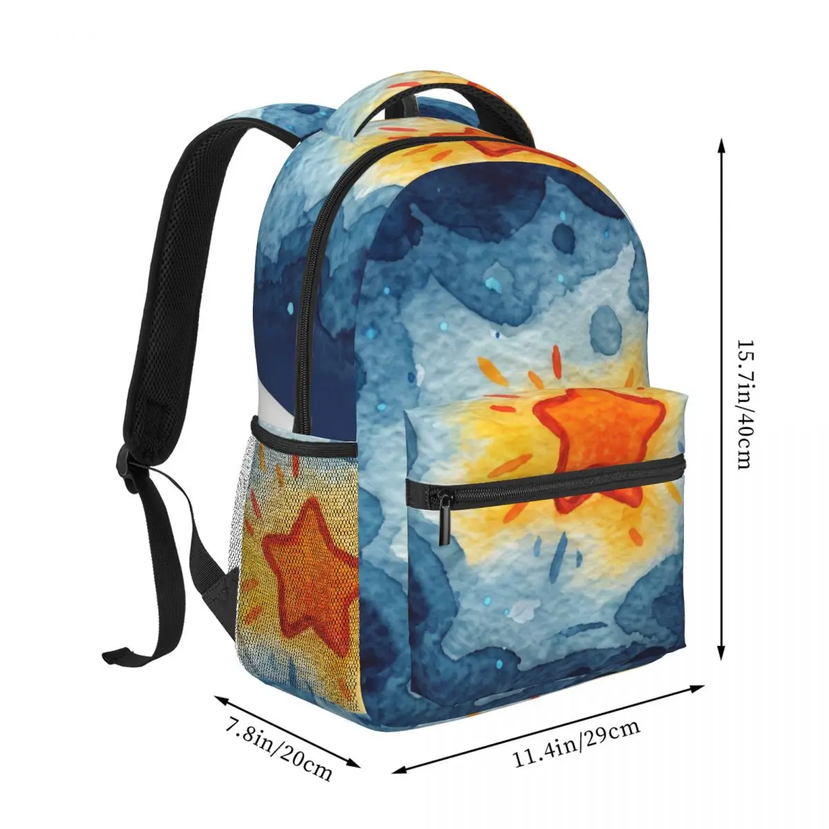 Punk Printed Backpack Center Glowing Star Watercolor Style Dark Blue Orange Streetwear Bookbag for Teens College Travel Concert