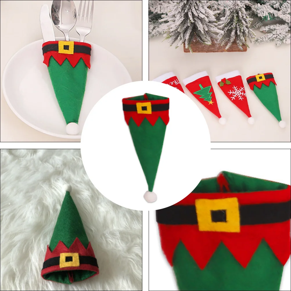 

6Pcs Tableware Bags Breathable Non-Woven Fabric Reusable Elf Hat Cutlery Pouches for Christmas Table Decorations Festive